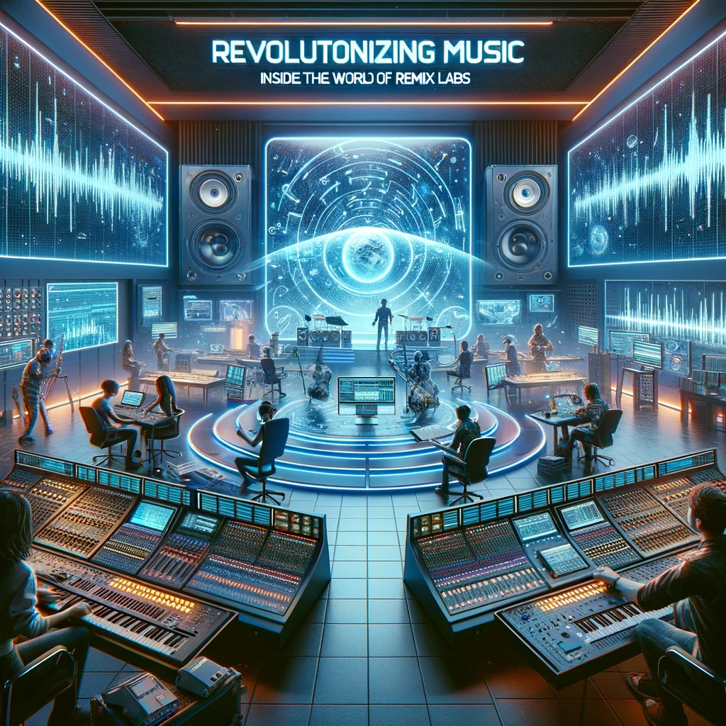 Futuristic music studio with advanced technology and diverse musicians collaborating.