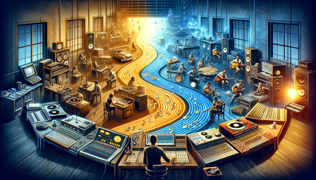 A scene showcasing the evolution of music in remix labs, blending classic and modern musical elements.