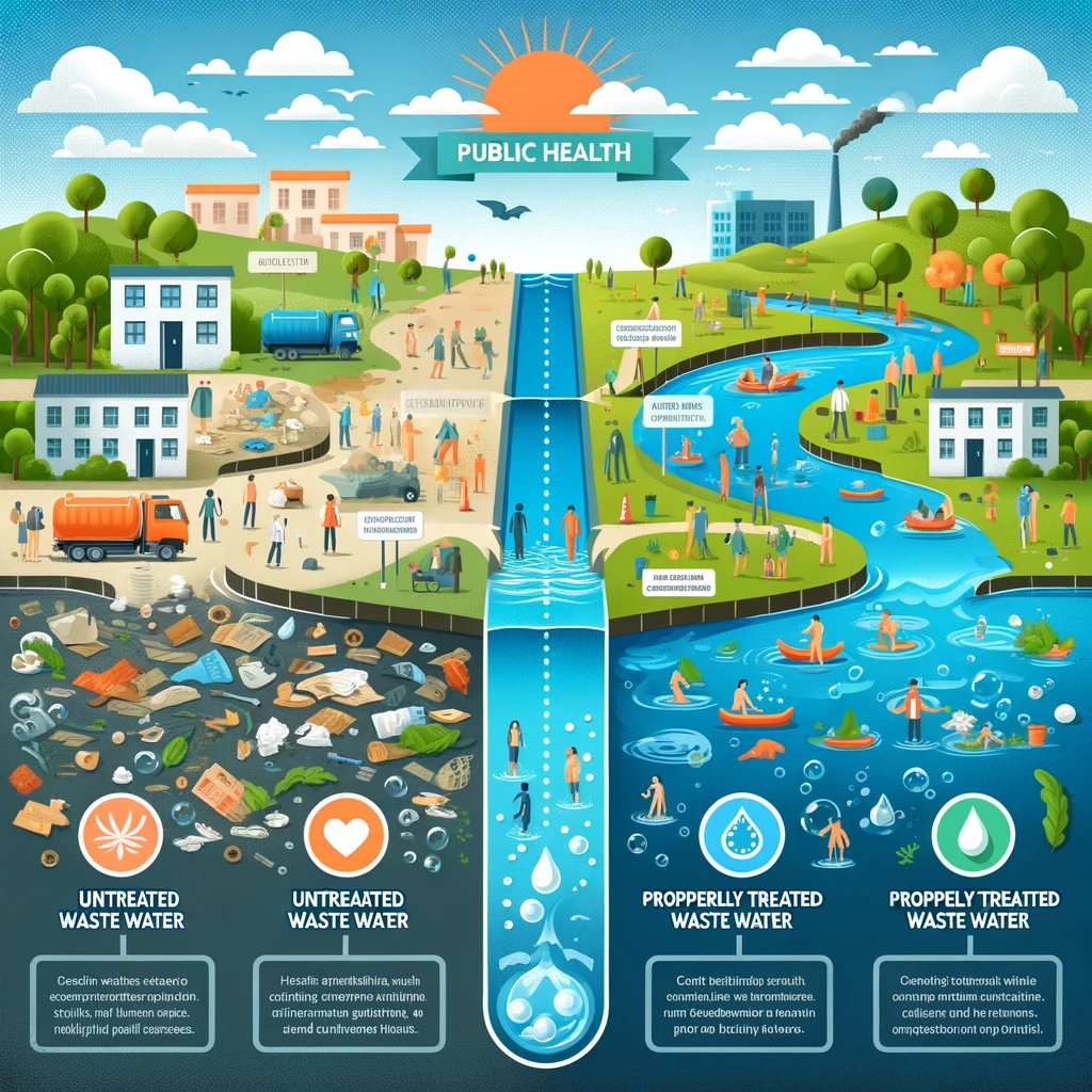 A split scene showing untreated waste water causing pollution and health issues on one side, and treated waste water leading to a healthy environment on the other.