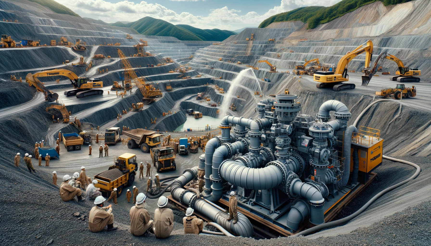 Tsurumi pumps in operation at a busy open-pit mining site with workers and large machinery.