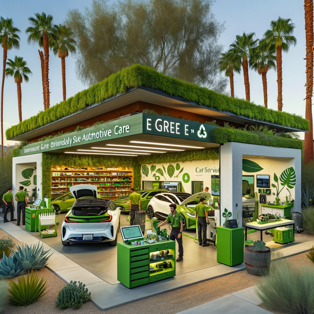 An innovative green car service facility in Palm Springs, servicing electric and solar-powered cars.