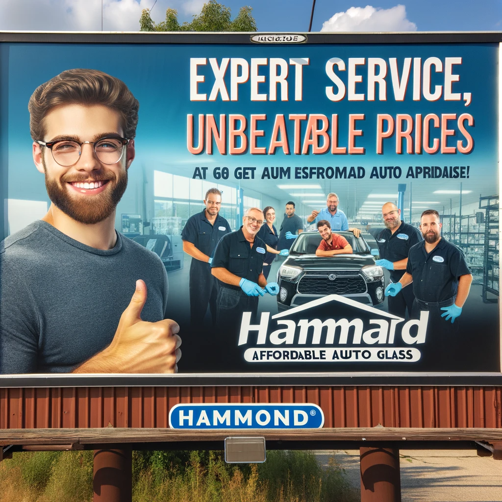 Billboard for Hammond's Affordable Auto Glass featuring 'Expert Service, Unbeatable Prices' and a team at work.
