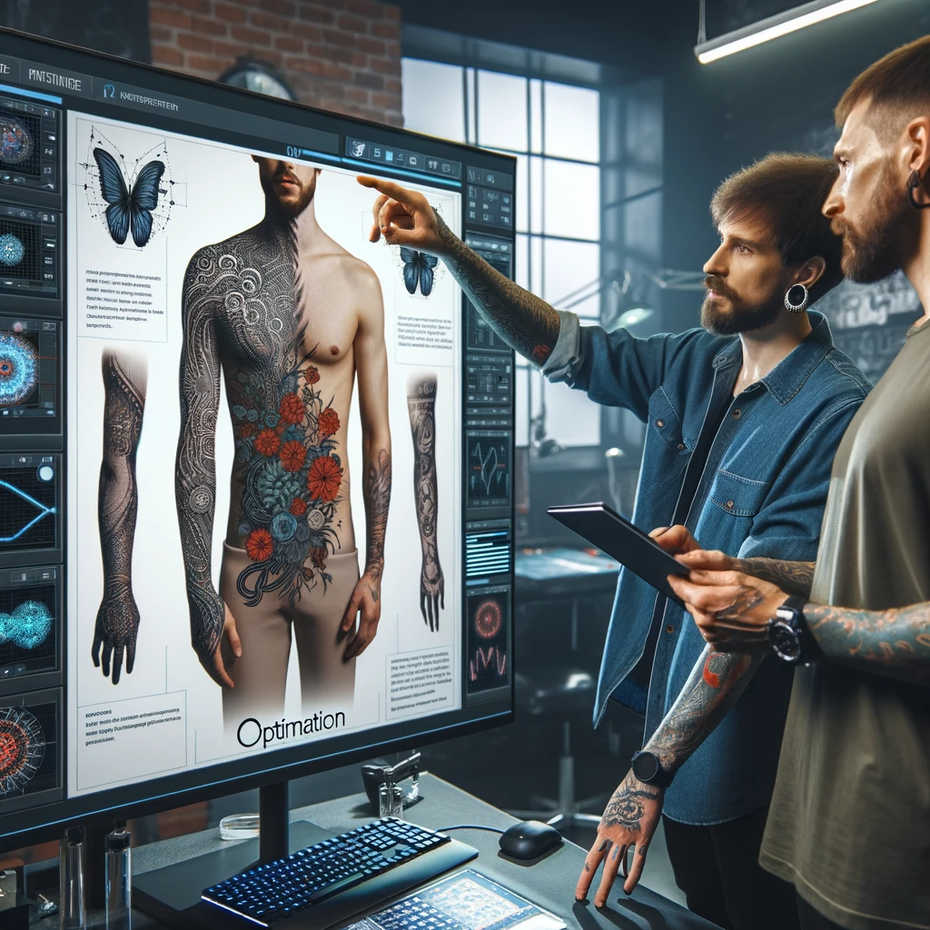 A tattoo artist discussing optimization strategies for a sleeve design with a client, using a large screen in a modern studio.