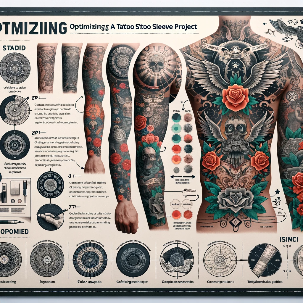 An infographic depicting key techniques and stages in optimizing a tattoo sleeve project, with practical tips.